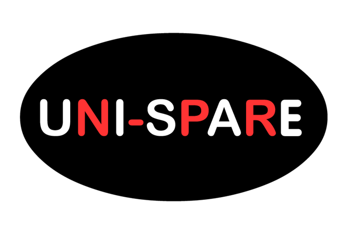 This image is of our Uni-Spare brand logo, it has a black background which is oval in shape, with Uni-Spare written in the middle of it in alternating colours or white then red.