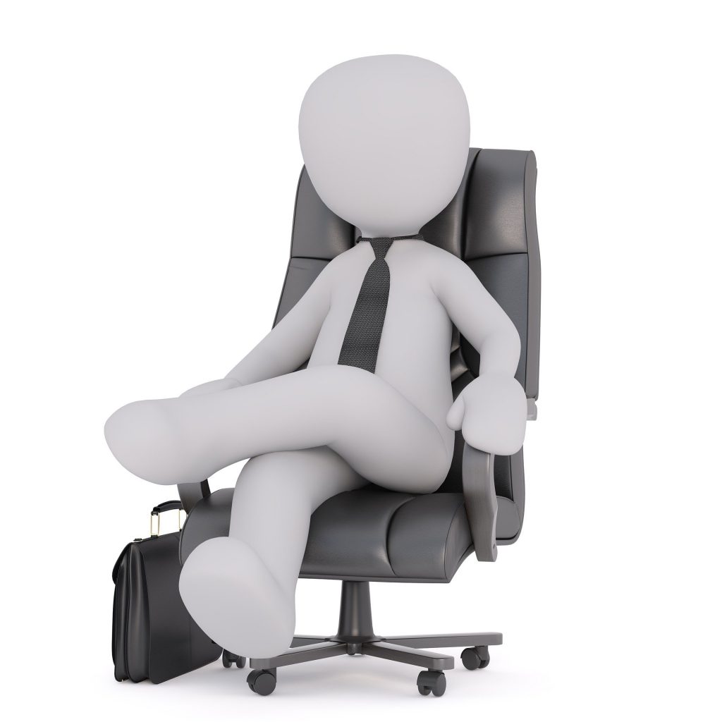 This is a picture of a blank white figure in a tie, sat on an office chair with a briefcase on the floor on the right hand side.